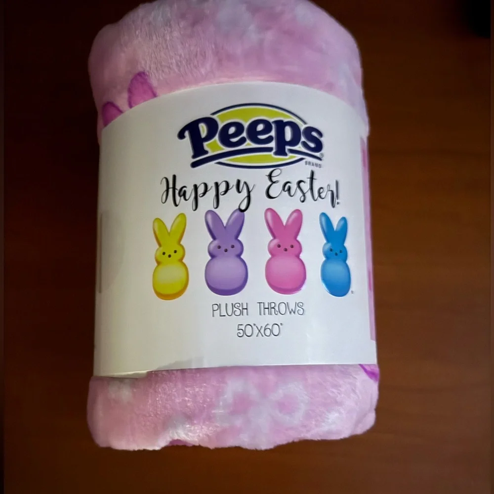 PEEPS Happy Easter Pink Plush Blanket / Throw with Bunnies, Bows and Dots.